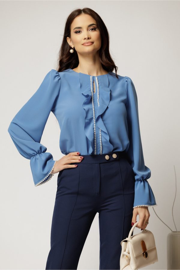 Bluza DY Fashion albastra cu volanase si perle elegante din voal plin