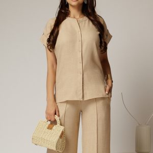 Bluza DY Fashion bej de vara tip camasa cu guler tip tunica