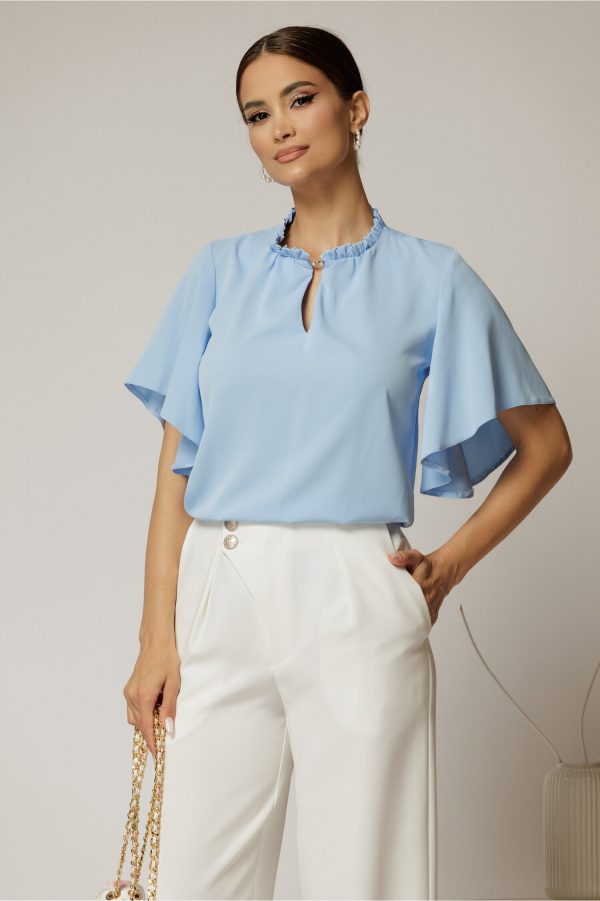 Bluza DY Fashion bleu cu cret la guler si decupaj la decolteu
