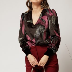 Bluza DY Fashion din catifea cu imprimeu mov si decolteu in V