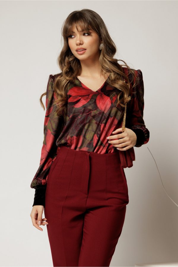 Bluza DY Fashion din catifea cu imprimeu rosu si decolteu in V