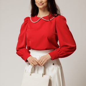 Bluza DY Fashion eleganta din triplu voal rosie cu detalii perlate la guler