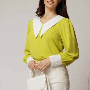 Bluza DY Fashion galben neon cu gulerul ascutitdin voal fluid