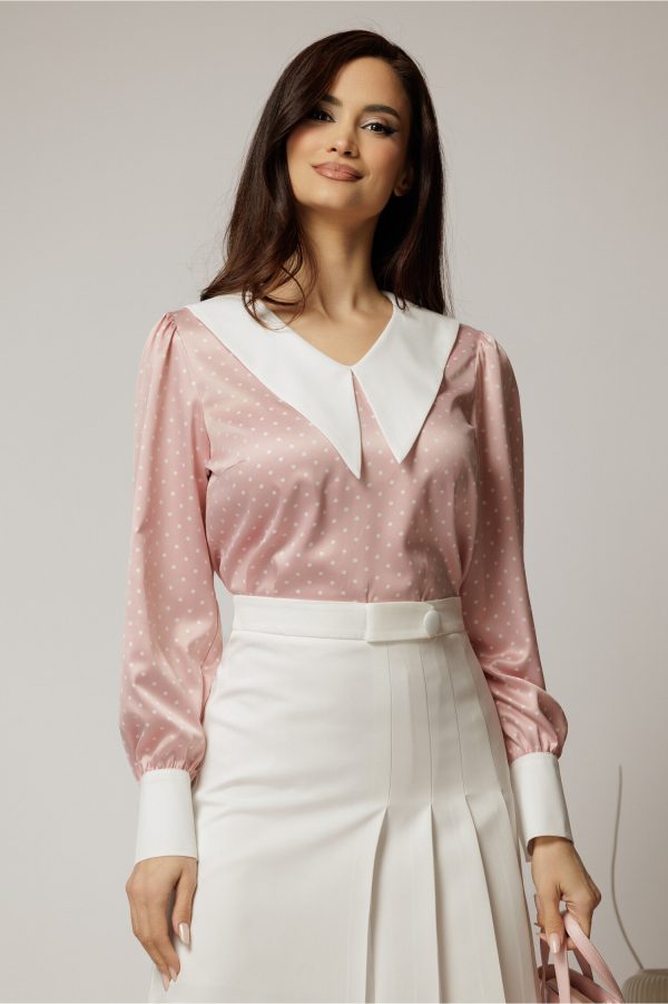 Bluza DY Fashion roz cu buline cu gulerul ascutit din satin