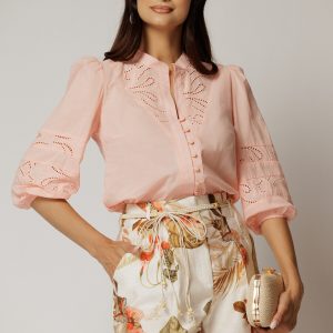 Bluza DY Fashion roz somon din bumbac cu manecile scurte bufante
