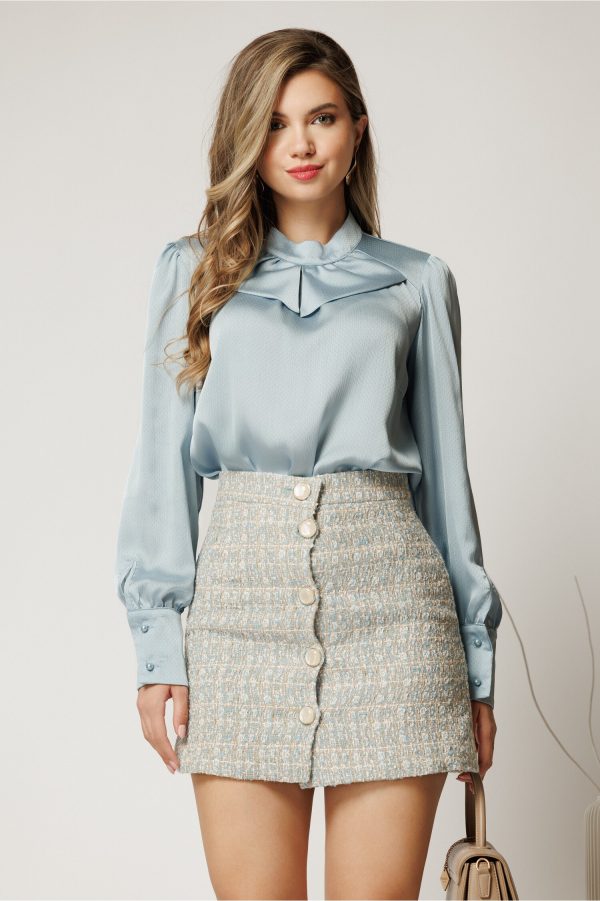 Bluza eleganta bleu lejera din voal cu maneca lunga