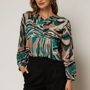 Bluza eleganta cu imprimeuri maro si verzi cu brosa la decolteu