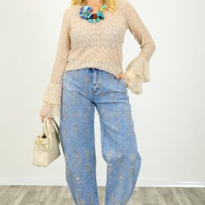 Bluza eleganta din dantela fina cu maneci evazate ,   bluza transparenta chic bej
