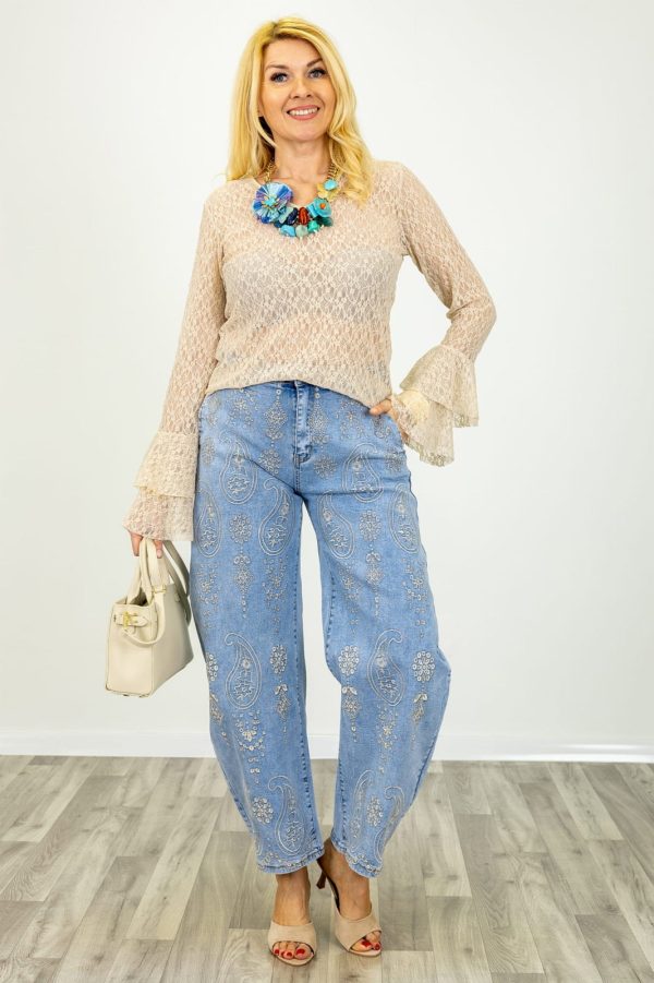 Bluza eleganta din dantela fina cu maneci evazate ,   bluza transparenta chic bej
