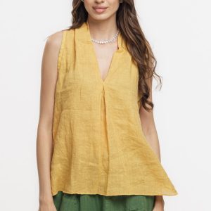 Bluza fara maneci din in cu decolteu si guler inalt, galben turmeric