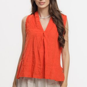 Bluza fara maneci din in cu decolteu si guler inalt, rosu tangerine