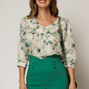 Bluza ivoire cu imprimeu turcoaz cu volanas la bust
