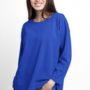 Bluza larga, dreapta, cu despicaturi laterale, din tricot de bumbac, albastru electric