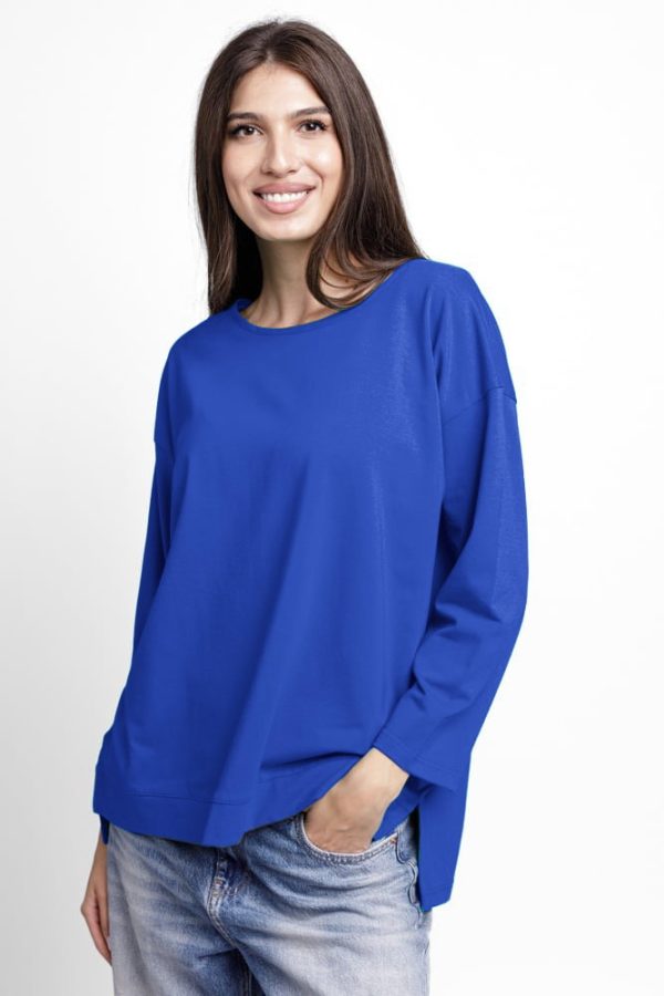 Bluza larga, dreapta, cu despicaturi laterale, din tricot de bumbac, albastru electric