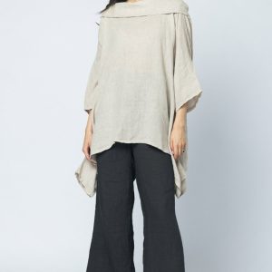 Bluza lunga in colturi, din in, cu gluga, bej