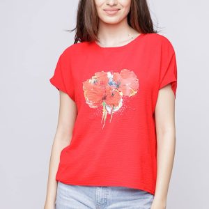 Bluza rosie din vascoza cu imprimeu maci rosii picturali