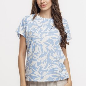 Bluza bleu lejera din vascoza cu in, imprimata, cu maneca cazuta scurta