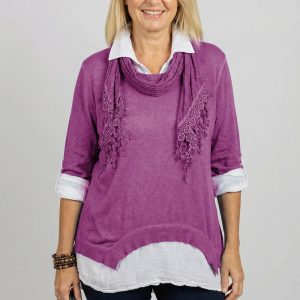 Bluza si camasa trei in unu, cu tricot fin, camasa din bumbac si esarfa cu franjuri dantelati, mov