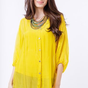 Bluza tip camasa din matase si vascoza galbena, cu elastic la maneci si dublura