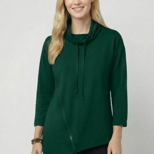 Bluza tunica cu colt, din vascoza, cu guler inalt, fermoar oblic si croi asimetric, verde