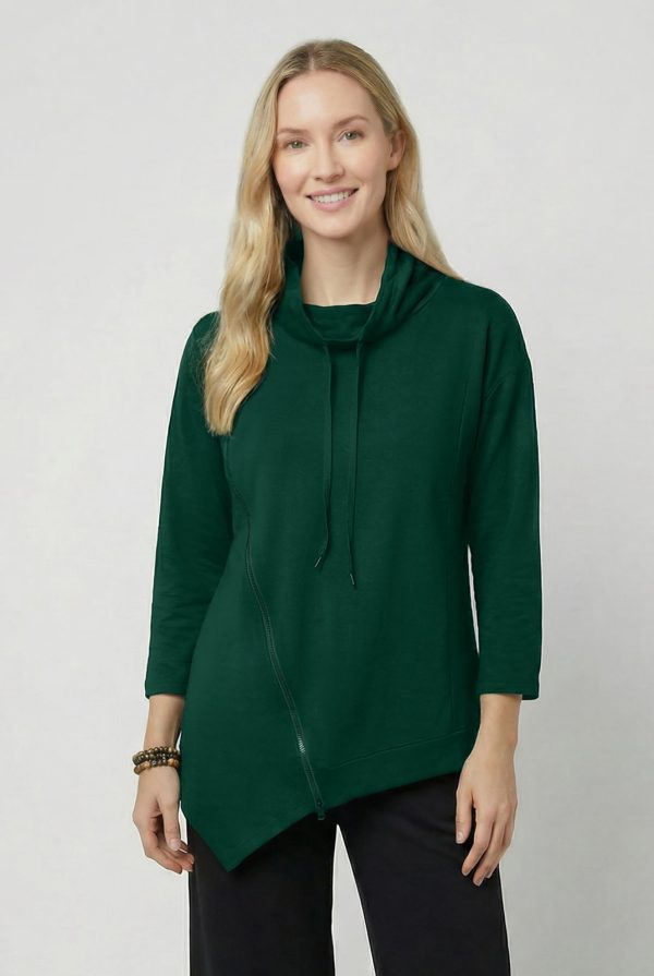 Bluza tunica cu colt, din vascoza, cu guler inalt, fermoar oblic si croi asimetric, verde