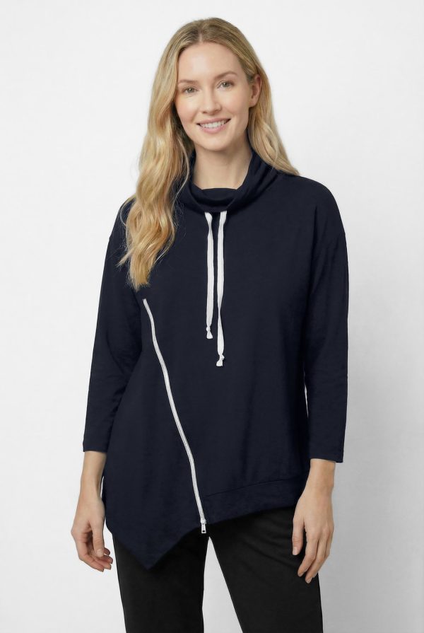 Bluza tunica cu colt, din bumbac, cu guler inalt reglabil si fermoar oblic, bleumarin