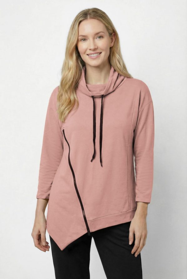 Bluza tunica cu colt, din bumbac, guler inalt reglabil si fermoar oblic, roz prafuit