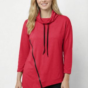 Bluza tunica cu colt, din bumbac, cu guler inalt reglabil si fermoar oblic, fucsia inchis