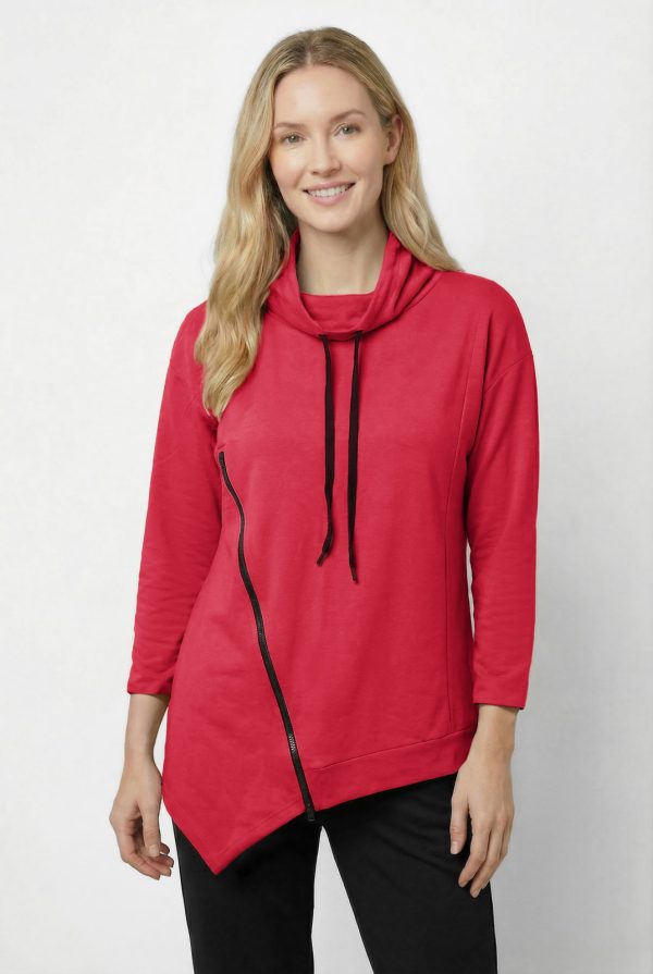 Bluza tunica cu colt, din bumbac, cu guler inalt reglabil si fermoar oblic, fucsia inchis