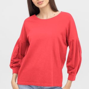 Bluza uni cu maneca bufanta din tricot de bumbac, corai