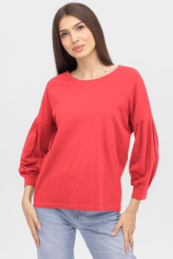 Bluza uni cu maneca bufanta din tricot de bumbac, corai