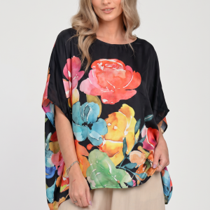 Bluza ampla din satin de matase si vascoza cu imprimeu floral pictural - negru multicolor