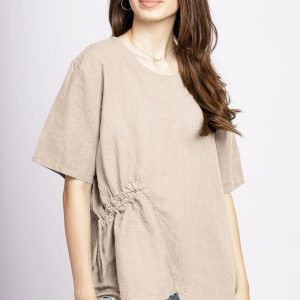 Bluza bej din in, asimetrica, cu siret lateral