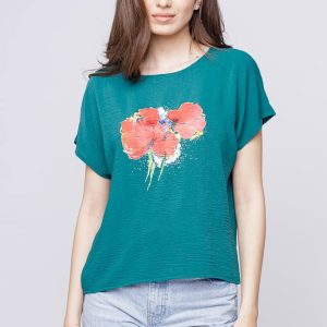 Bluza verde din vascoza cu imprimeu maci rosii picturali