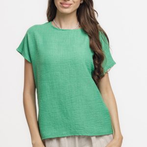 Bluza verde lejera din vascoza cu in, usor creponata, cu maneca cazuta scurta