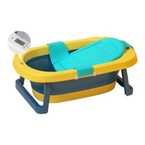 Cadita pliabila CD03 cu suport si termometru, pentru bebelusi, galben cu verde