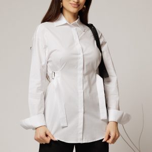 Camasa alba lunga din poplin cu croiul larg si catarame