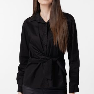 Camasa clasica, din poplin de bumbac, cu nod pe talie, neagra