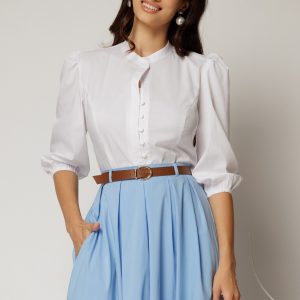 Camasa DY Fashion alba din poplin cu maneci bufante si inchidere cu nasturi