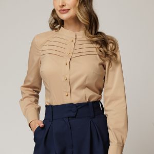 Camasa DY Fashion bej din poplin cu croi cambrat si nervuri pe bust