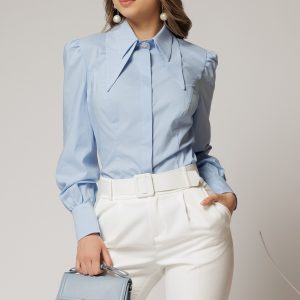 Camasa DY Fashion bleu din poplin cu guler dublu si croi cambrat