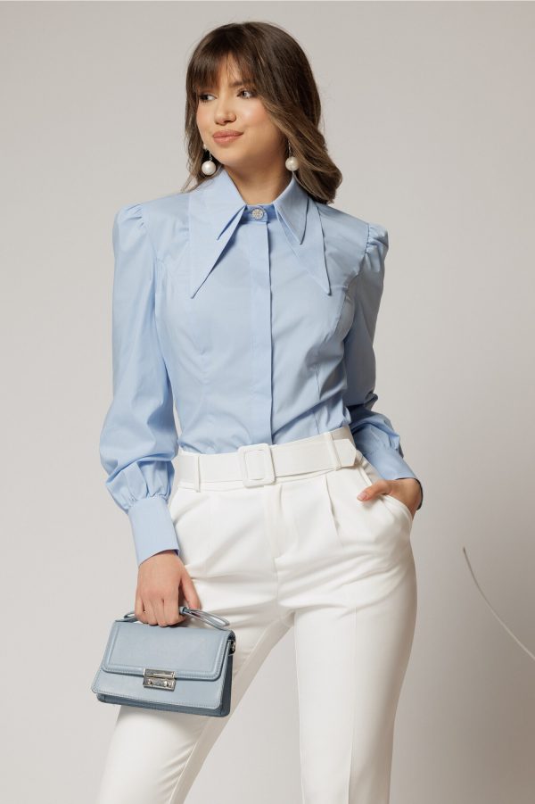 Camasa DY Fashion bleu din poplin cu guler dublu si croi cambrat