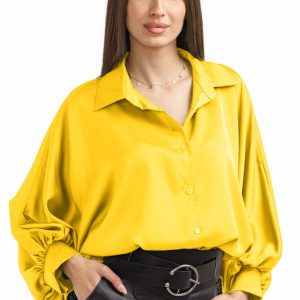 Camasa eleganta din satin, cu maneci bufante, galbena