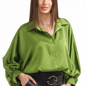 Camasa eleganta din satin, cu maneci bufante, verde olive