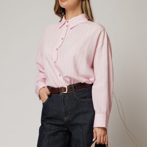 Camasa roz cu dungi cu maneci lungi si croi oversize