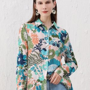 Camasa subtire din vascoza, cu guler clasic si imprimeu floral in nuante de turcoaz si verde