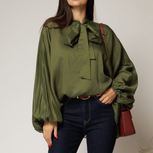 Camasa verde olive din tencel cu maneca ampla si guler tip esarfa