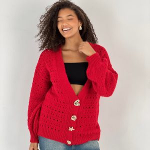 Cardigan cu decolteu in V, din tricotaj rosu cu nasturi decorativi aurii