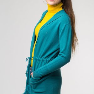 Cardigan turcoaz midi tricotat, cu gluga si buzunare - CD55VERDE