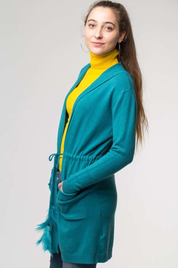 Cardigan turcoaz midi tricotat, cu gluga si buzunare - CD55VERDE